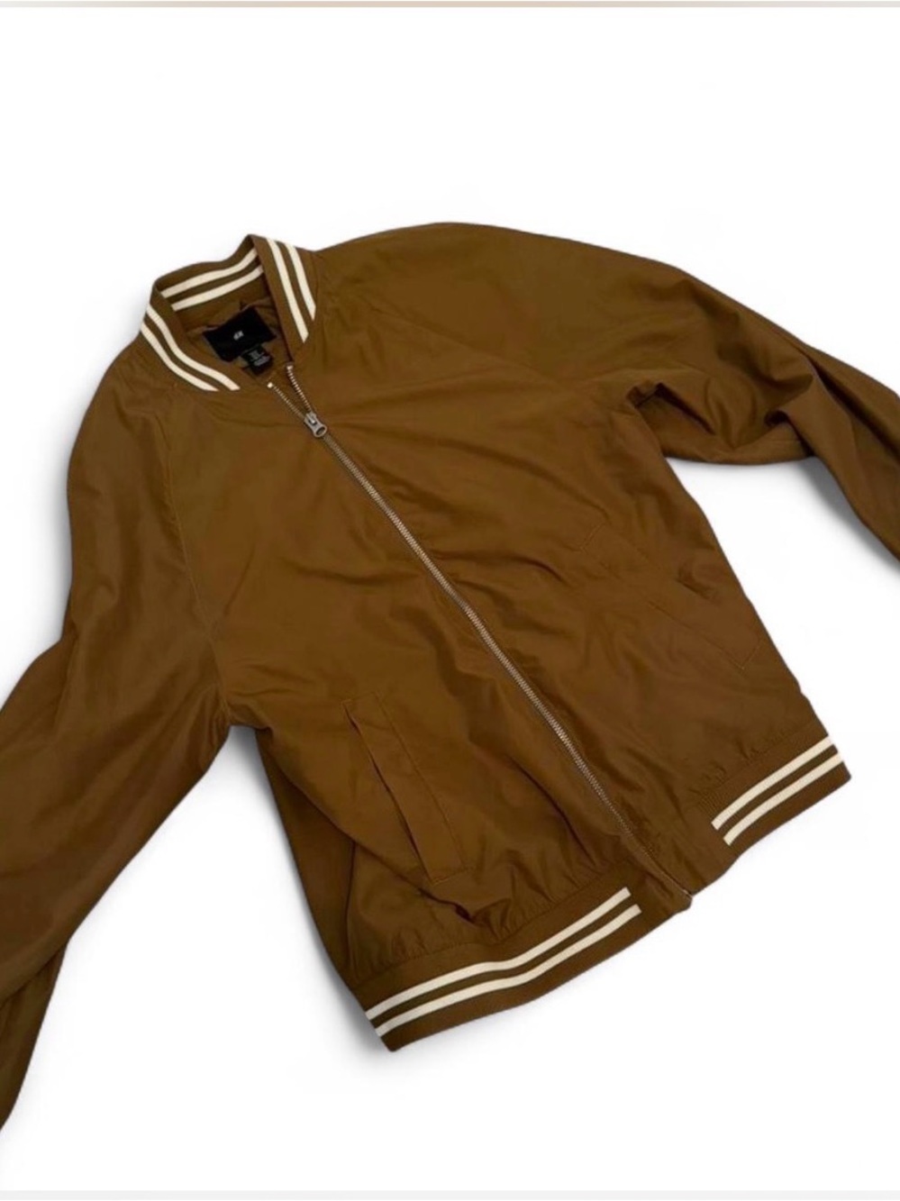 Men's Brown Bomber Jacket with Stripe Trim